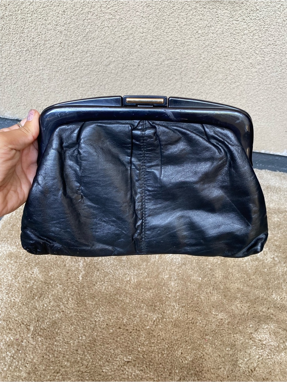 Vintage Black Leather Frame Clutch - Unbranded